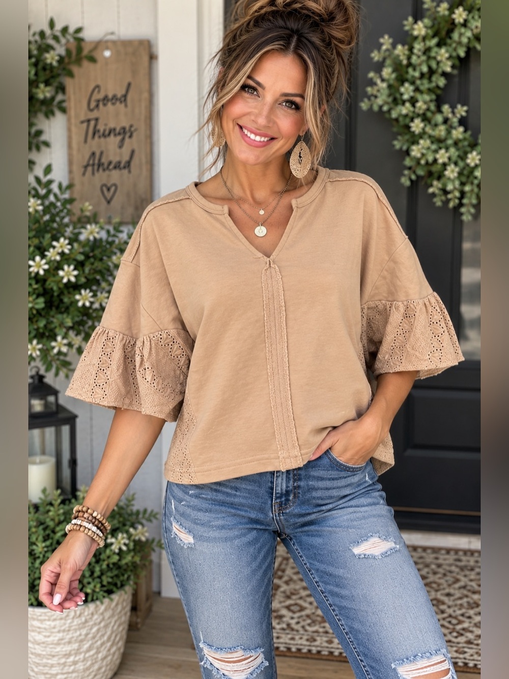 NWT Heyson Tan Eyelet Lace Bell Sleeve Boho Top Size S A36